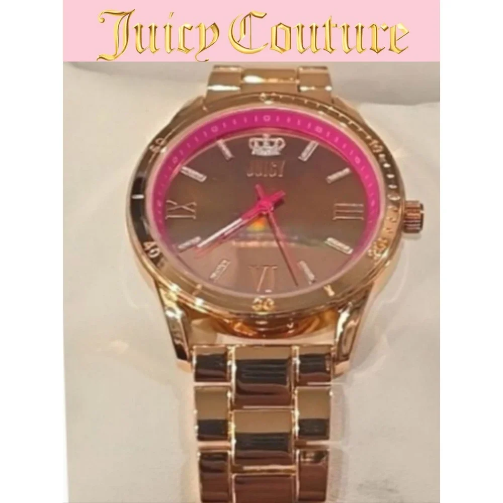 Juicy Couture Black Label Rhinestone Crown Logo Gold Rose Tone Braclet‎ Watch